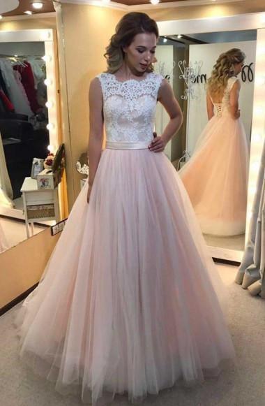 A-line Lace Scalloped-Edge Lace-up Sweep Train Wedding Dress TN0037 - Tirdress