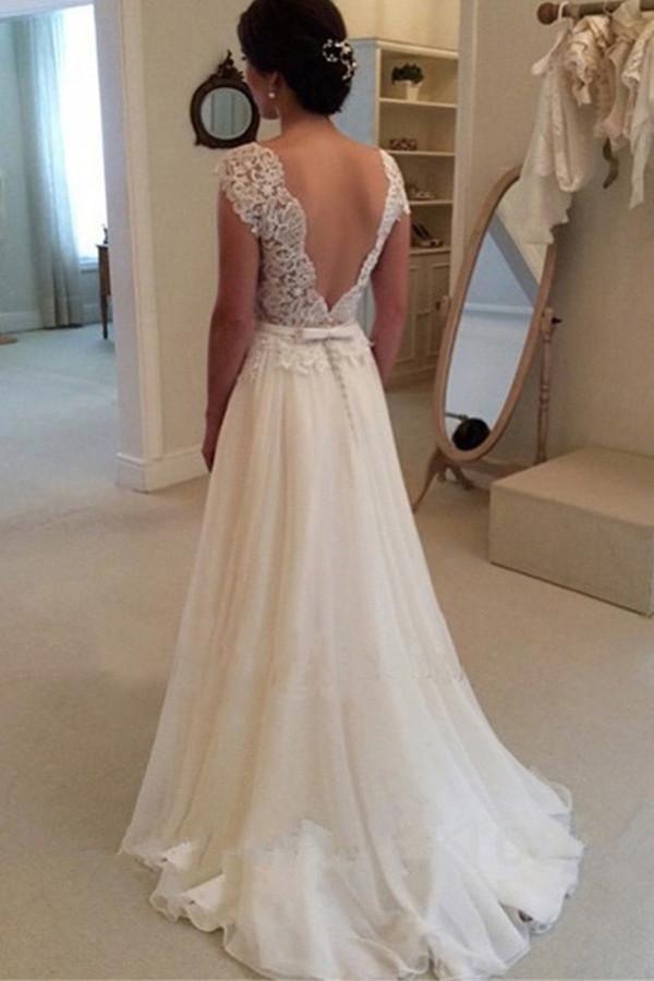 A-line Lace Top Backless Long Beach Wedding Dress Bridal Gowns WD021 - Tirdress
