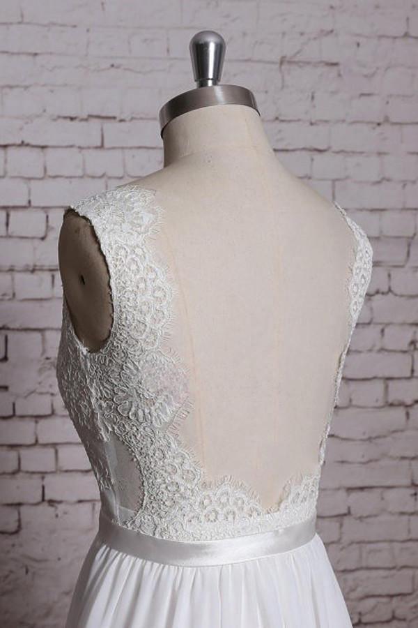 A-line Lace V-Neck Backless Sheath Long Wedding Dress WD058 - Tirdress