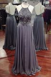 A-line Long Chiffon Beaded Prom Dress Evening Dresses with Backless PG317