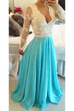 A-line V Ncek Chiffon Long Sleeves Backless Prom Dresses Evening Dresses PG284 - Tirdress