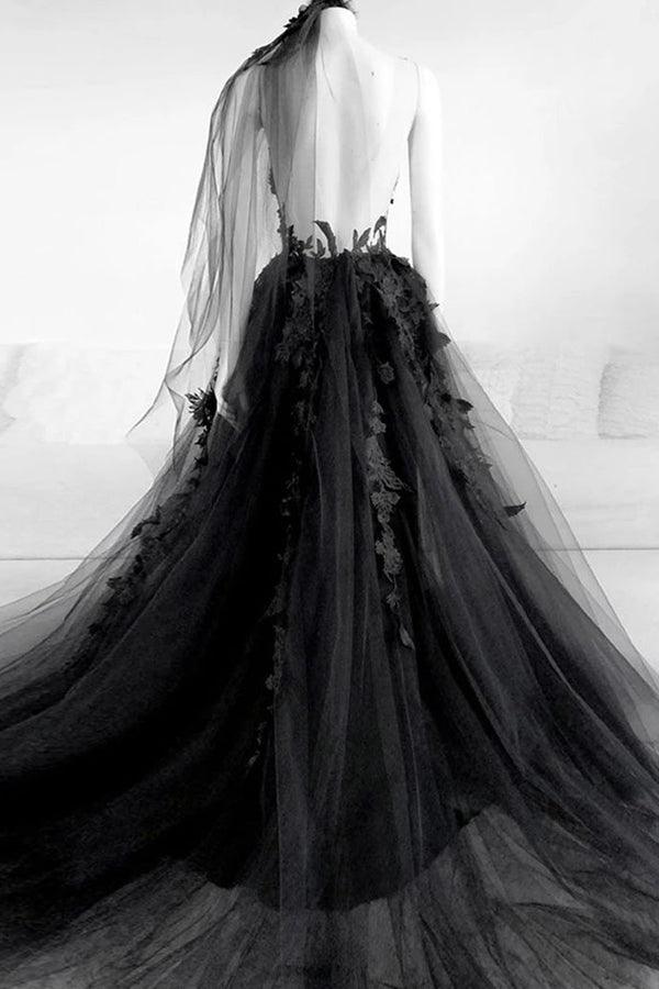 A-line V Neck Black Floral Long Prom Dresses Split Evening Dress TP1084 - Tirdress