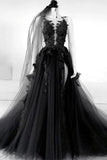 A-line V Neck Black Floral Long Prom Dresses Split Evening Dress TP1084
