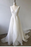 A-line V Neck Ivory Prom Dresses Wedding Dresses With Court Train TN168 - Tirdress