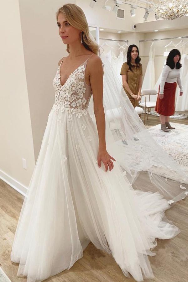 A-line V Neck Ivory Vivid Flowers Wedding Dresses Bridal Gown