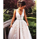 A-line V Neck Light Long Prom Dresses With Tulle A-line/Princess TP0915 - Tirdress