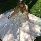 A-line V Neck Light Long Prom Dresses With Tulle A-line/Princess TP0915 - Tirdress