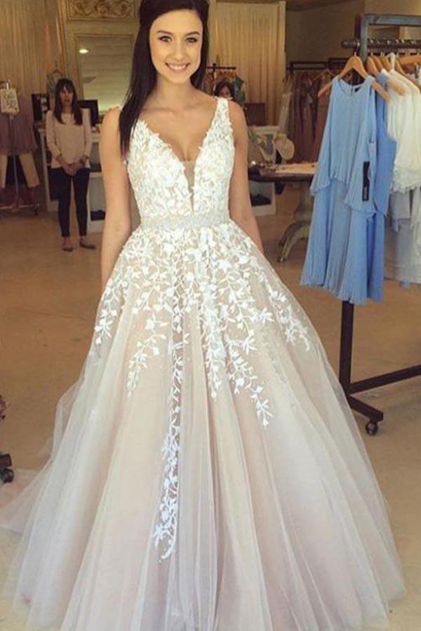 A-line V Neck Light Long Prom Dresses With Tulle A-line/Princess TP0915 - Tirdress
