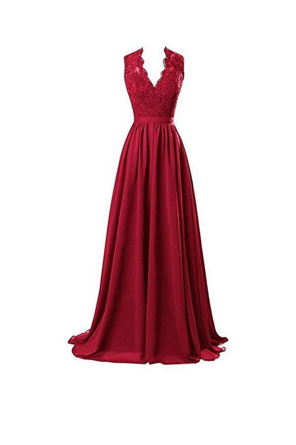 A-line V Neck Open Back Chiffon Long Evening Gown with Lace PG253 - Tirdress