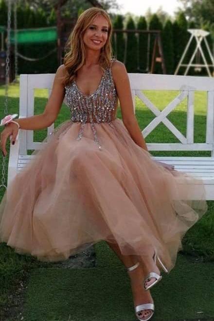 Tirdress A Line V Neck Peach Homecoming Dress Party Dress with Pearls US18 Custom Color