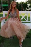 A-line V Neck Peach Homecoming Dress Party Dress with Pearls HD0117