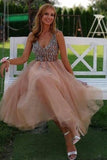 A-line V Neck Peach Homecoming Dress Party Dress with Pearls HD0117 - Tirdress