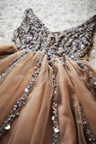 A-line V Neck Peach Homecoming Dress Party Dress with Pearls HD0117 - Tirdress