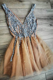 A-line V Neck Peach Homecoming Dress Party Dress with Pearls HD0117 - Tirdress