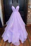 A-line V Neck Princess Lavender Tiered Tulle Prom Formal Dress TP1071 - Tirdress