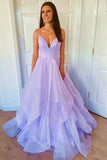 A-line V Neck Princess Lavender Tiered Tulle Prom Formal Dress TP1071