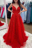 A-line V Neck Red Lace Applique Long Prom Dress Formal Dress TP1098