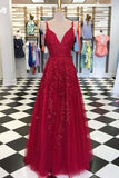 A-line V Neck Sky Blue Lace Prom Dress Red Formal Dress TP0925 - Tirdress