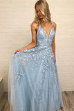 A-line V Neck Sky Blue Lace Prom Dress Red Formal Dress TP0925 - Tirdress