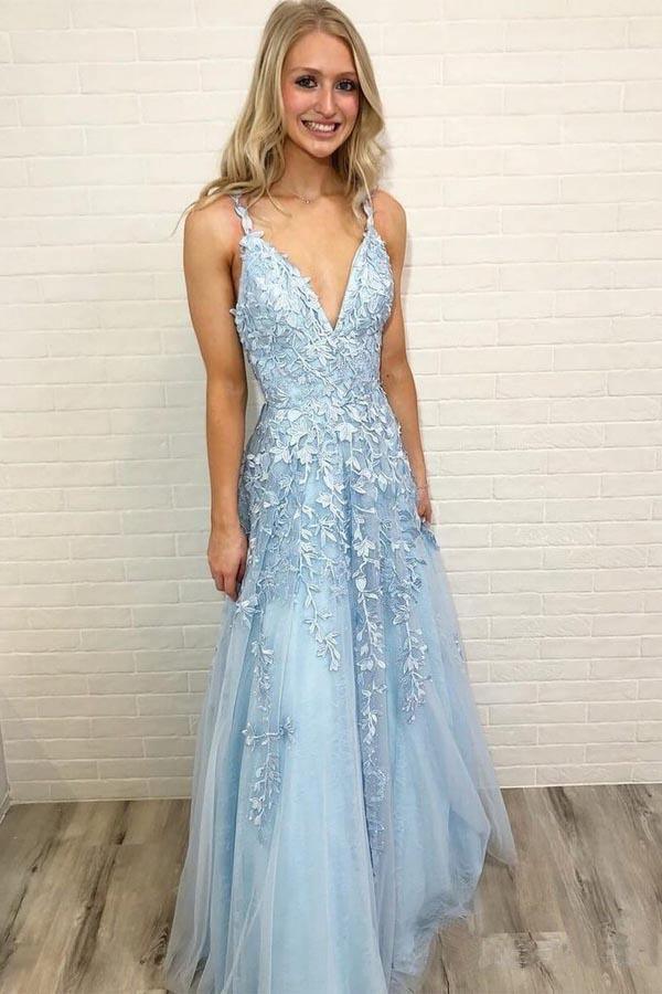 A-line V Neck Sky Blue Lace Prom Dress Red Formal Dress TP0925 - Tirdress