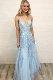 A-line V Neck Sky Blue Lace Prom Dress Red Formal Dress TP0925 - Tirdress