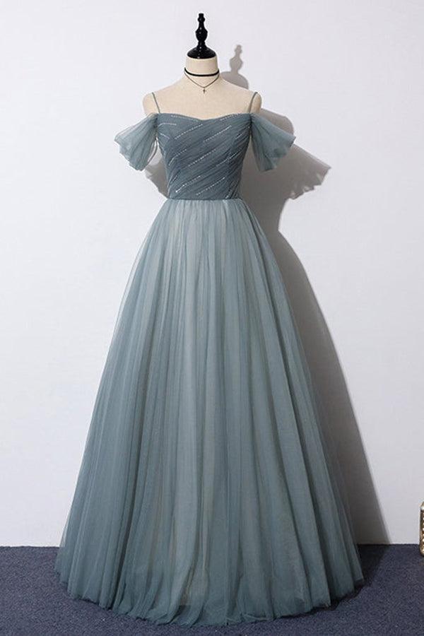 A-line Off the Shoulder Grey Tulle Prom Dress Evening Dress TP1066 - Tirdress