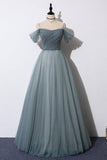 A-line Off the Shoulder Grey Tulle Prom Dress Evening Dress TP1066