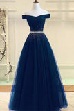 A-line Off The Shoulder Navy Blue Tulle Prom Dress With Beading TP0898