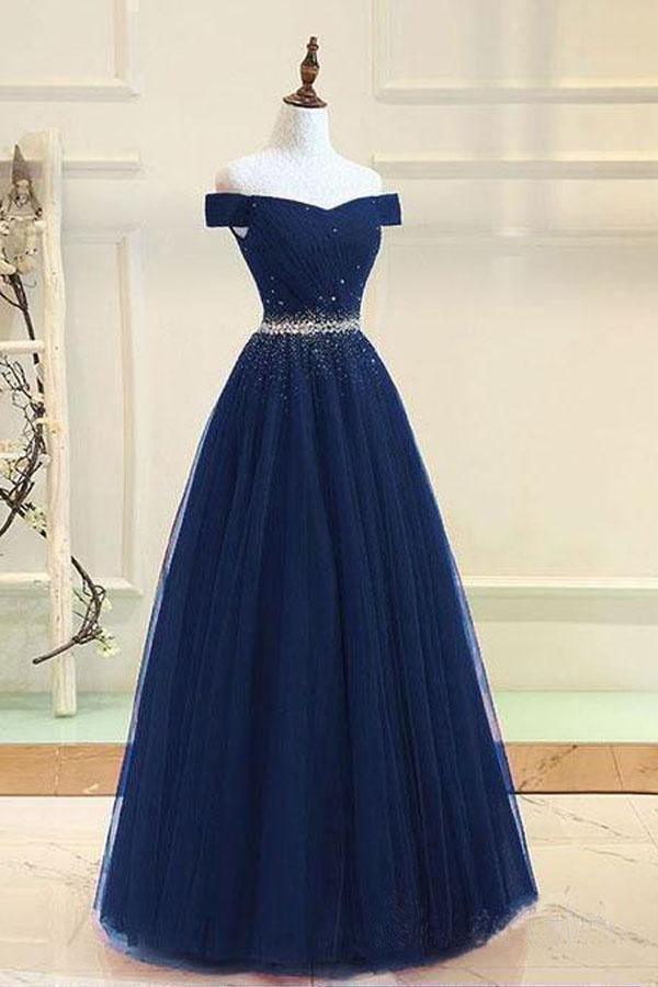 A-line Off The Shoulder Navy Blue Tulle Prom Dress With Beading TP0898 US6 / Navy Blue A-line Off The Shoulder Navy Blue Tulle Prom Dress With Beading TP0898 US6 / Navy Blue