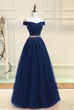 A-line Off The Shoulder Navy Blue Tulle Prom Dress With Beading TP0898 - Tirdress