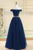 A-line Off The Shoulder Navy Blue Tulle Prom Dress With Beading TP0898 - Tirdress