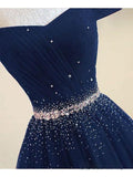 A-line Off The Shoulder Navy Blue Tulle Prom Dress With Beading TP0898 - Tirdress