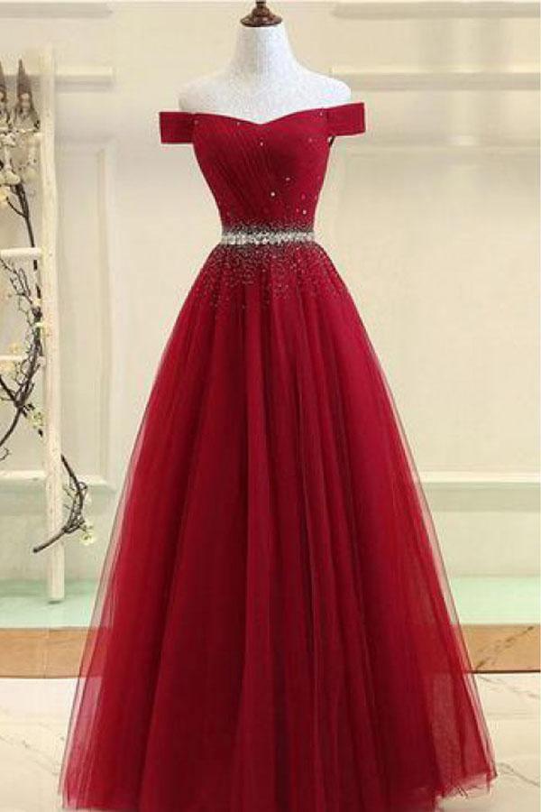 A-line Off The Shoulder Navy Blue Tulle Prom Dress With Beading TP0898 - Tirdress