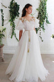 A-line Off White Short Sleeves Long Prom Dresses Organza Evening Dress TP0946