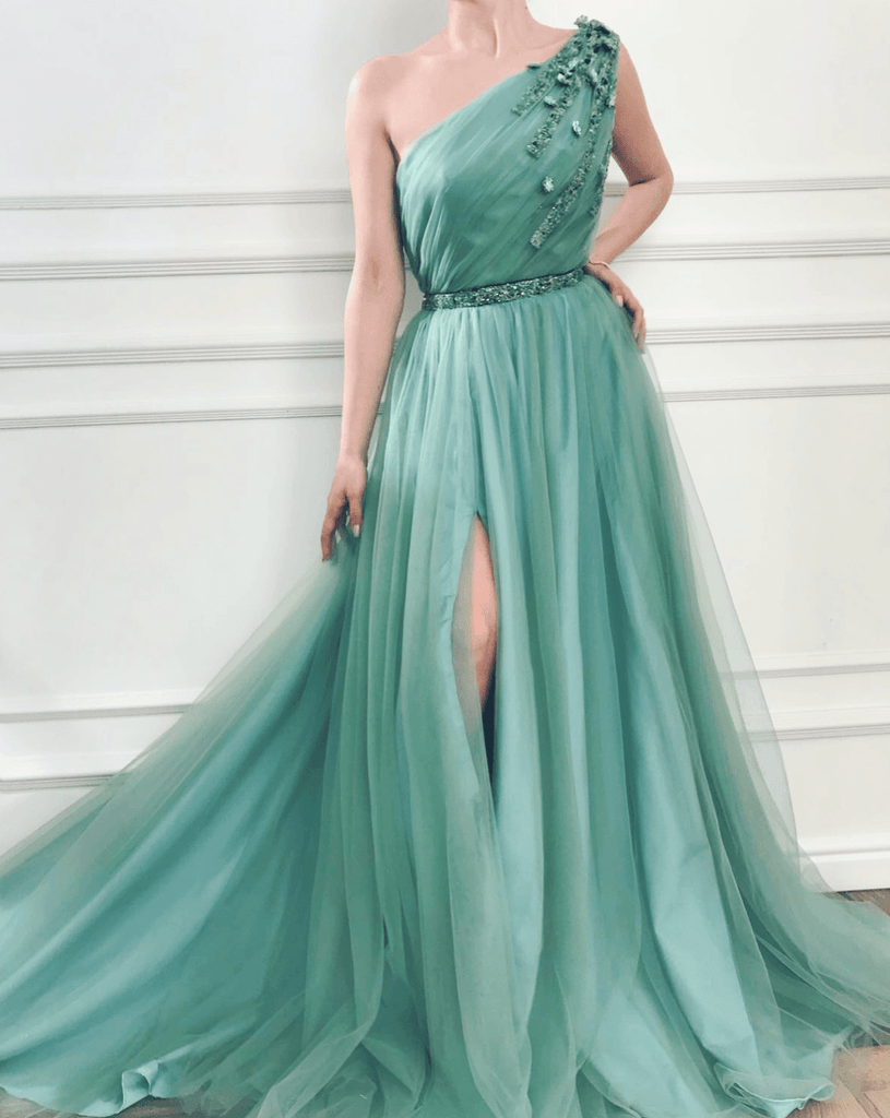 A-line One Shoulder Jungle Tulle Split Prom Formal Dresses With Beading TP0846 - Tirdress