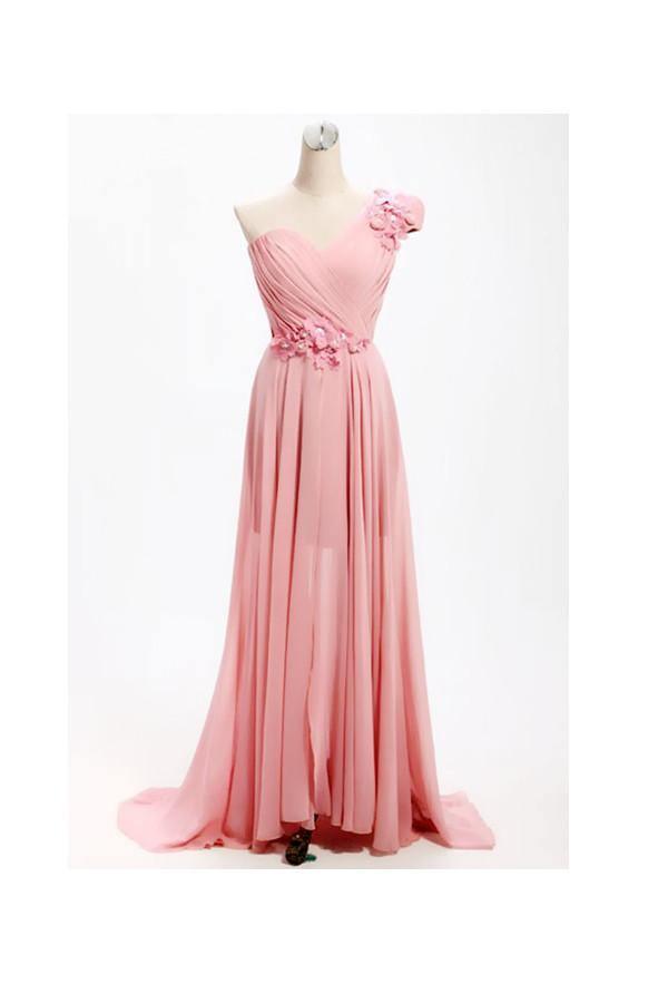 A-line One Shoulder Long Chiffon Bridesmaid Dress with Flowers BD017 - Tirdress