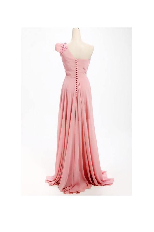 A-line One Shoulder Long Chiffon Bridesmaid Dress with Flowers BD017 - Tirdress