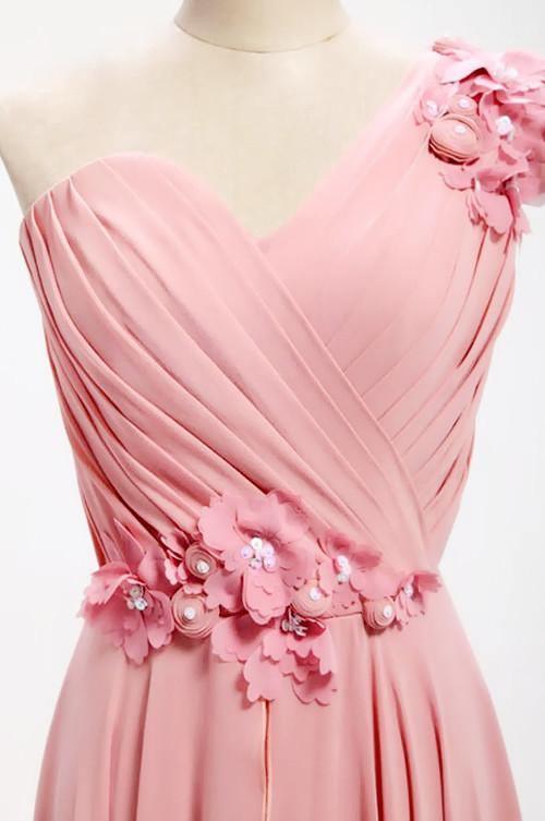A-line One Shoulder Long Chiffon Bridesmaid Dress With Flowers TY0008 - Tirdress