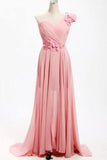 A-line One Shoulder Long Chiffon Bridesmaid Dress With Flowers TY0008 - Tirdress