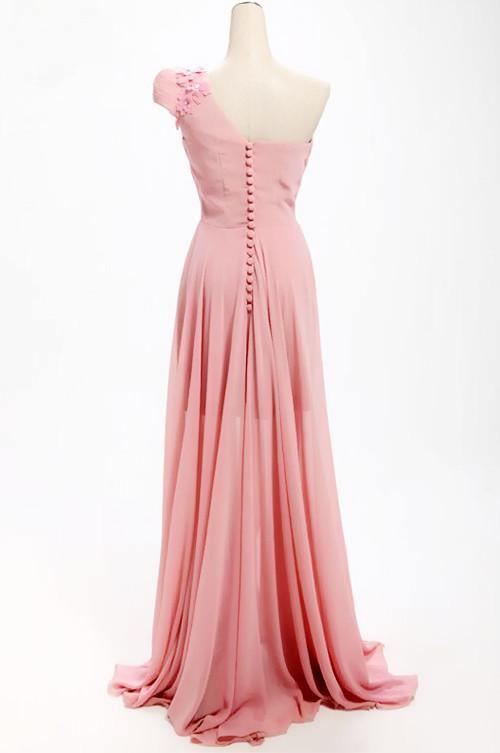 A-line One Shoulder Long Chiffon Bridesmaid Dress With Flowers TY0008 - Tirdress