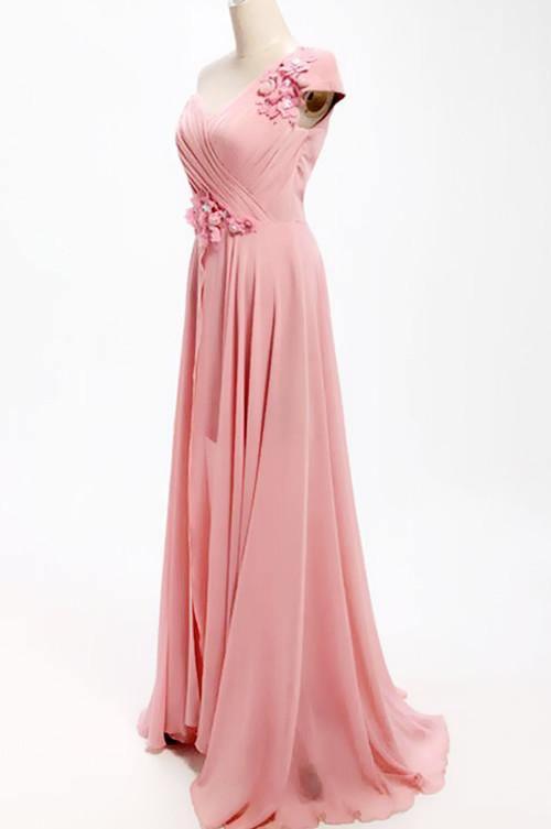 A-line One Shoulder Long Chiffon Bridesmaid Dress With Flowers TY0008 - Tirdress