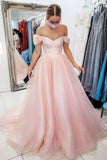 A-Linie, schulterfreies, schulterfreies Abendkleid aus rosa Tüll, langes Abendkleid TP1035