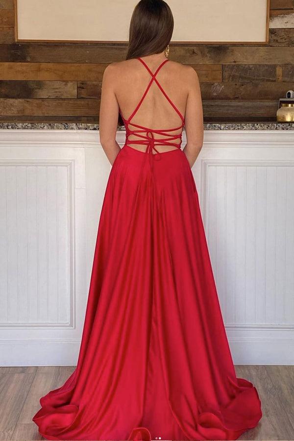 A-line Red Satin Long Prom Dress V Neck Split Evening Dress TP1086 US4 / As Picture A-line Red Satin Long Prom Dress V Neck Split Evening Dress TP1086 US4 / As Picture