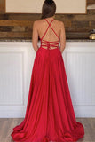 A-line Red Satin Long Prom Dress V Neck Split Evening Dress TP1086 - Tirdress