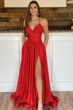 A-line Red Satin Long Prom Dress V Neck Split Evening Dress TP1086