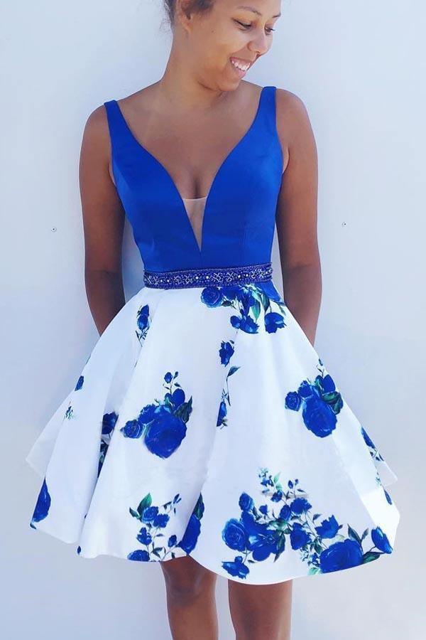 A-line Royal Blue and White Short Floral Homecoming Dress HD0079 US10 / As Picture A-line Royal Blue and White Short Floral Homecoming Dress HD0079 US10 / As Picture