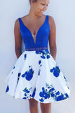 A-line Royal Blue and White Floral Homecoming Dress HD0079 