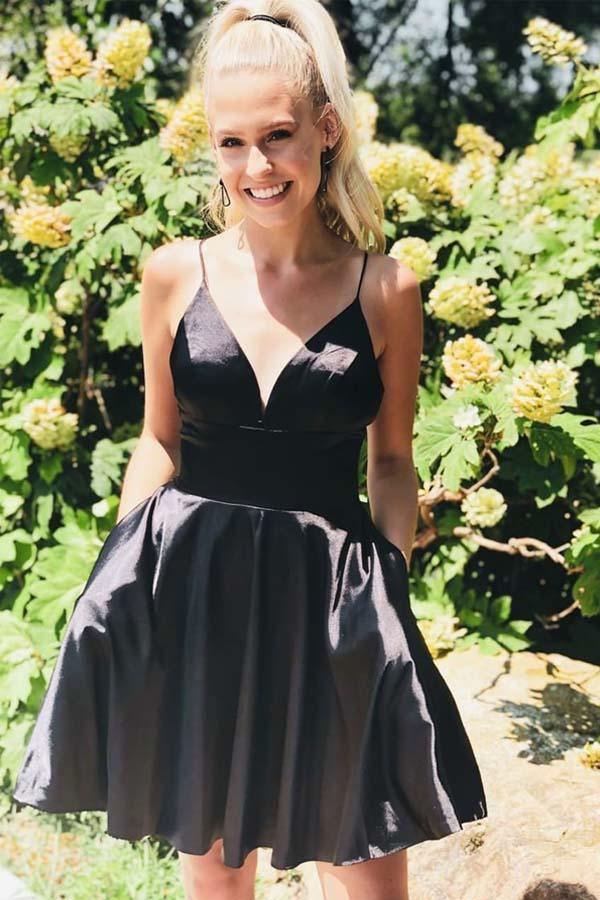 Simple A Line V Neck Light Blue Satin Homecoming Dresses with Pockets US4 / Black Simple A Line V Neck Light Blue Satin Homecoming Dresses with Pockets US4 / Black