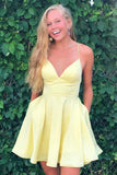 A-line Satin Fit and Flare Yellow Homecoming Dress with Pockets  HD0069