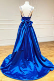A-line Satin V Neck Royal Blue Prom Dresses Evening Dresses TP1024 - Tirdress